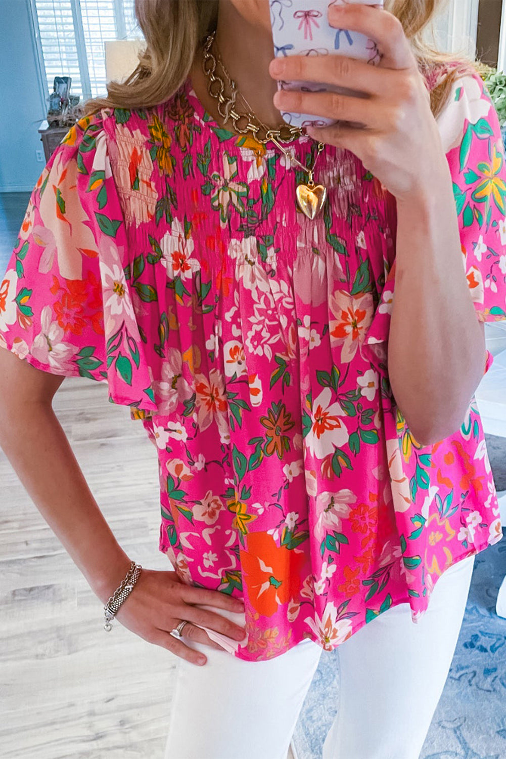 Pink Floral Print Flounce Sleeve Smocked Blouse