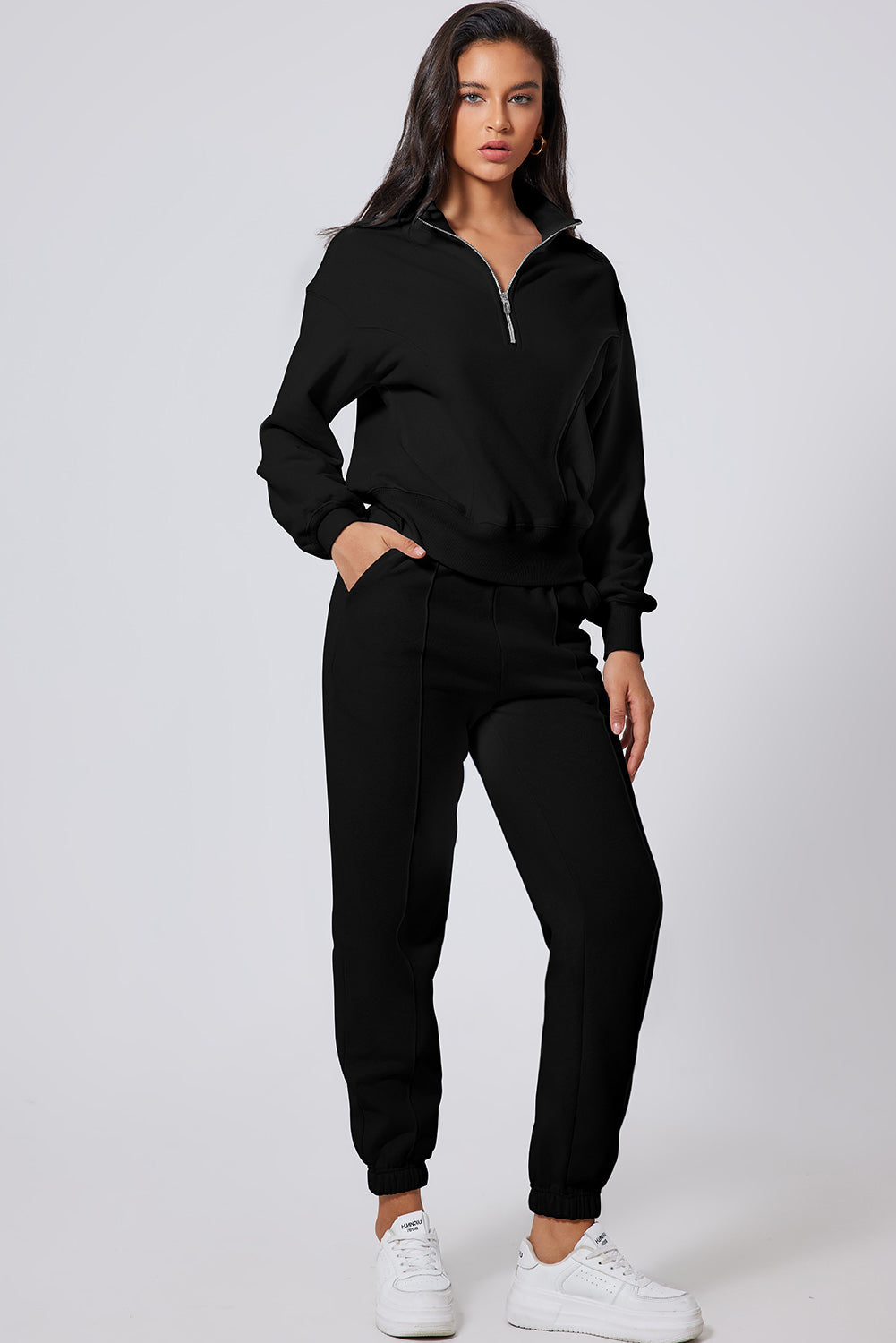 Black Solid Color Half Zip Up Pullover Top and Jogger Set