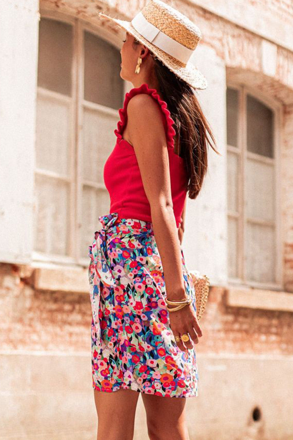 Red Floral Print Wrapped Lace Up Mini Skirt