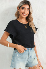 Black Solid Textured Frill Cuffs Short Sleeve Blouse