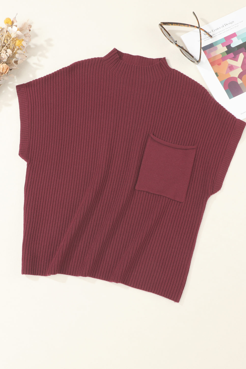 Wholesale Mineral Red Patch Pocket Ribbed Knit Short Sleeve Sweater