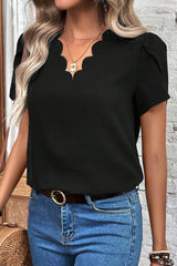 Black Scallop Trim V Neck Petal Sleeve Blouse