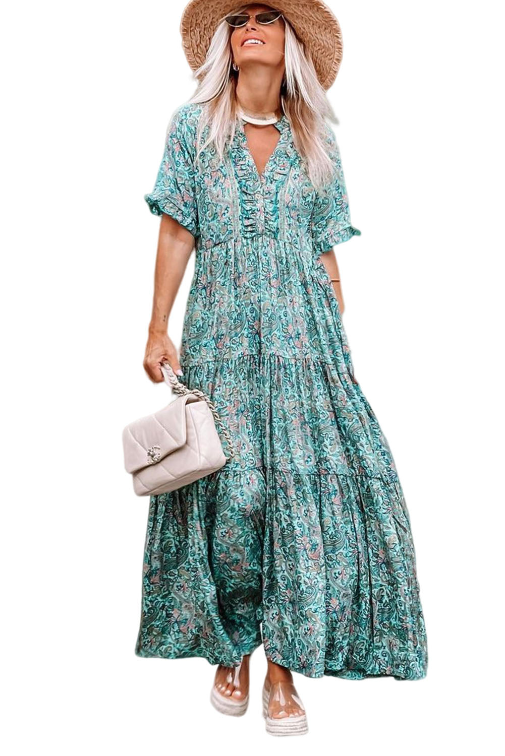 Sky Blue Paisley Print Split V Neck Tiered Boho Maxi Dress