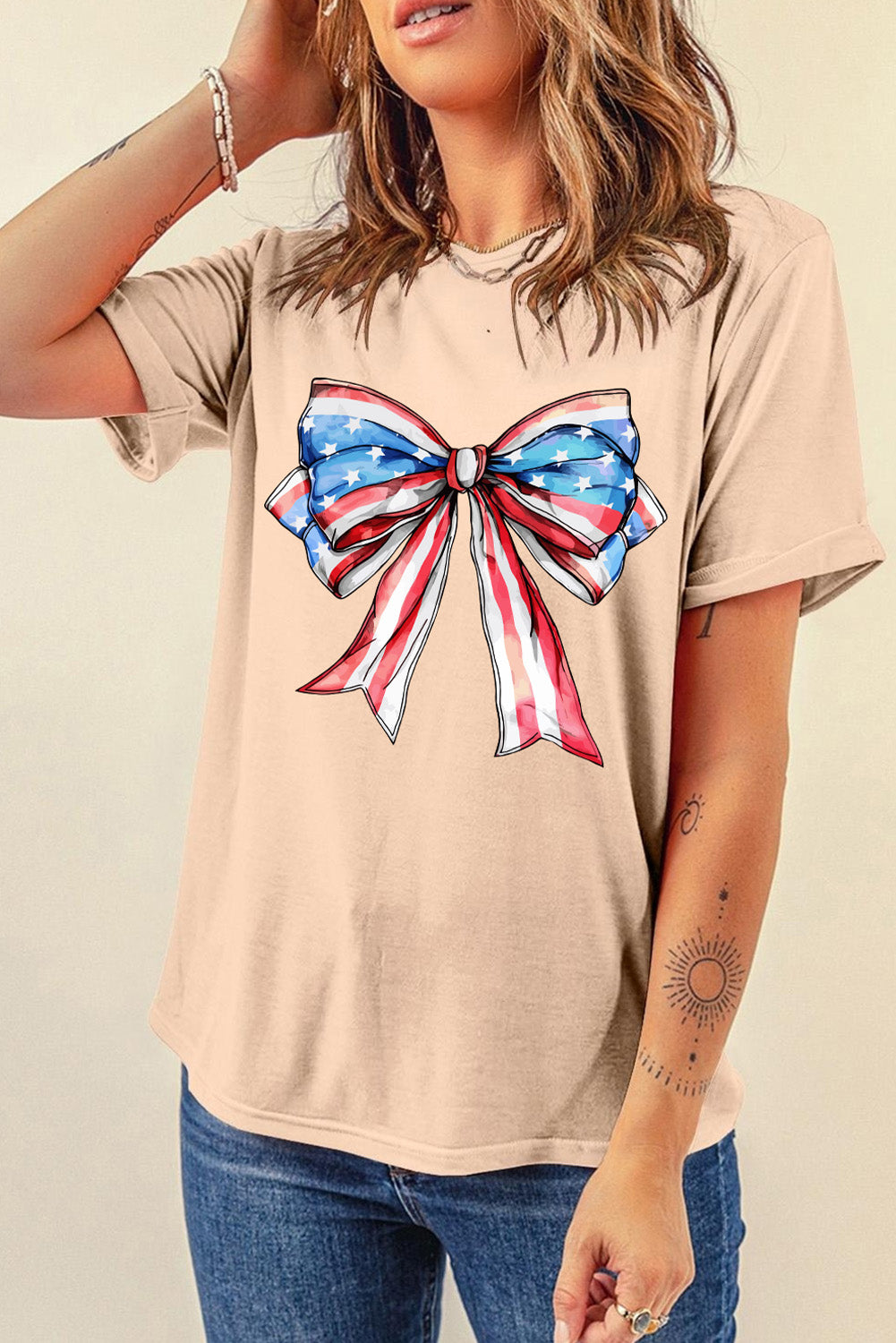 Khaki American Flag Bow Knot Graphic Round Neck T Shirt