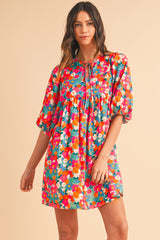 Sky Blue Boho Floral Print V Neck Lantern Sleeve Babydoll Dress