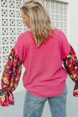 Bright Pink Floral Patchwork Flounce Sleeve Plus Knit Top