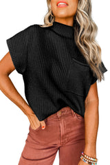 Wholesale Black Patch Pocket Ribbed Knit Short Sleeve Sweater