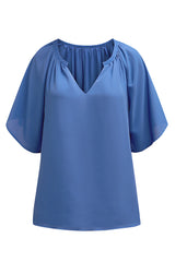 Blue Casual Split Neck Pleated Loose Short Sleeve Blouse