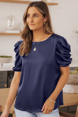 Dark Blue Elegant Ruched Puff Sleeve Silk Blouse