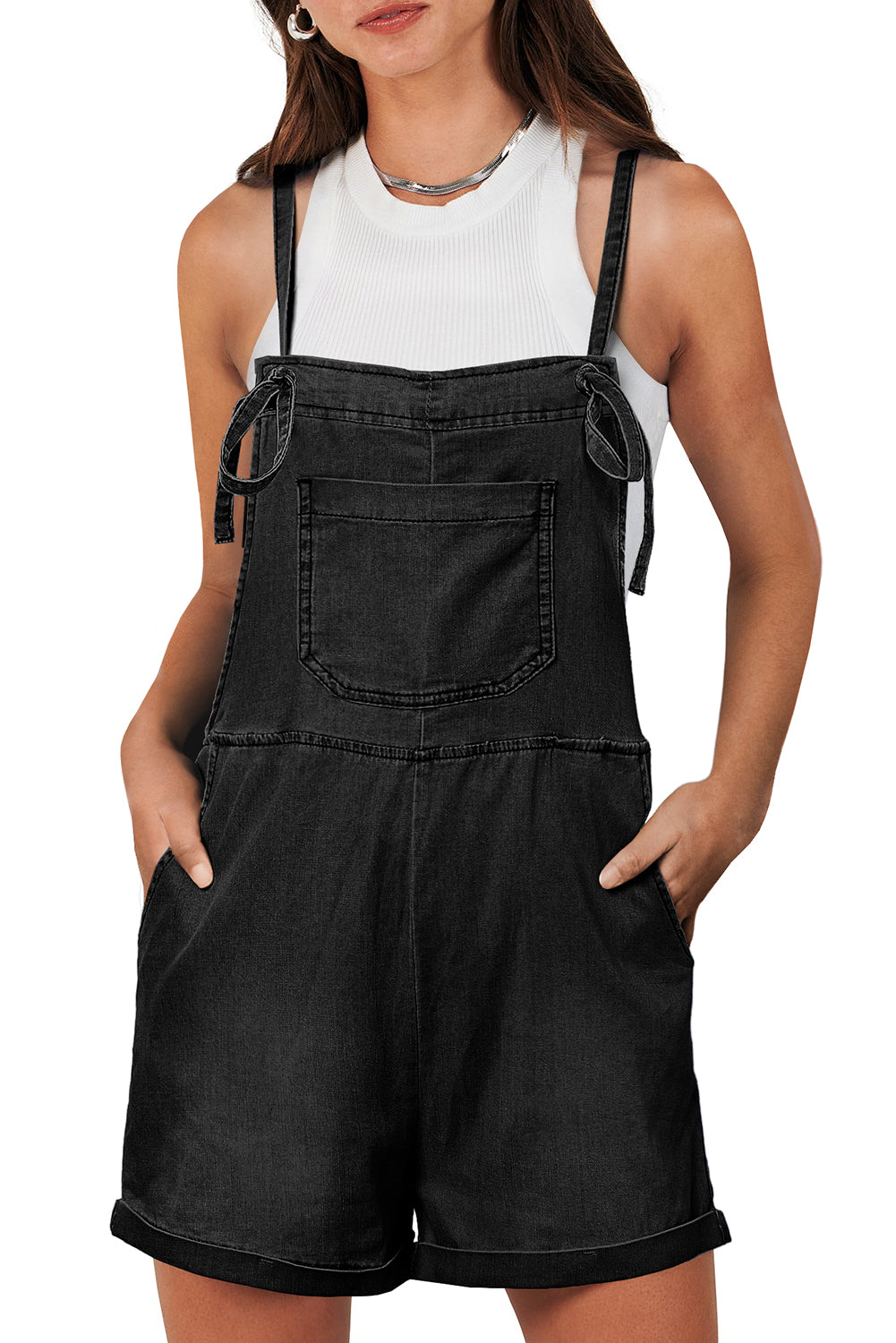 Black Denim Adjustable Knotted Straps Pocketed Romper