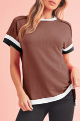 Coffee Ribbed Colorblock Round Neck T Shirt