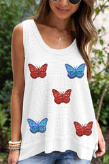 White Waffle Knit Sequin Butterfly Graphic Tank Top