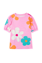 Pink Colorful Flower Print Bubble Sleeve Tee