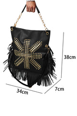 Black PU Leather Rivet Fringed Large One Shoulder Bag