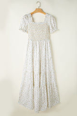 White Frill Neckline Shirred Bodice Floral Maxi Dress