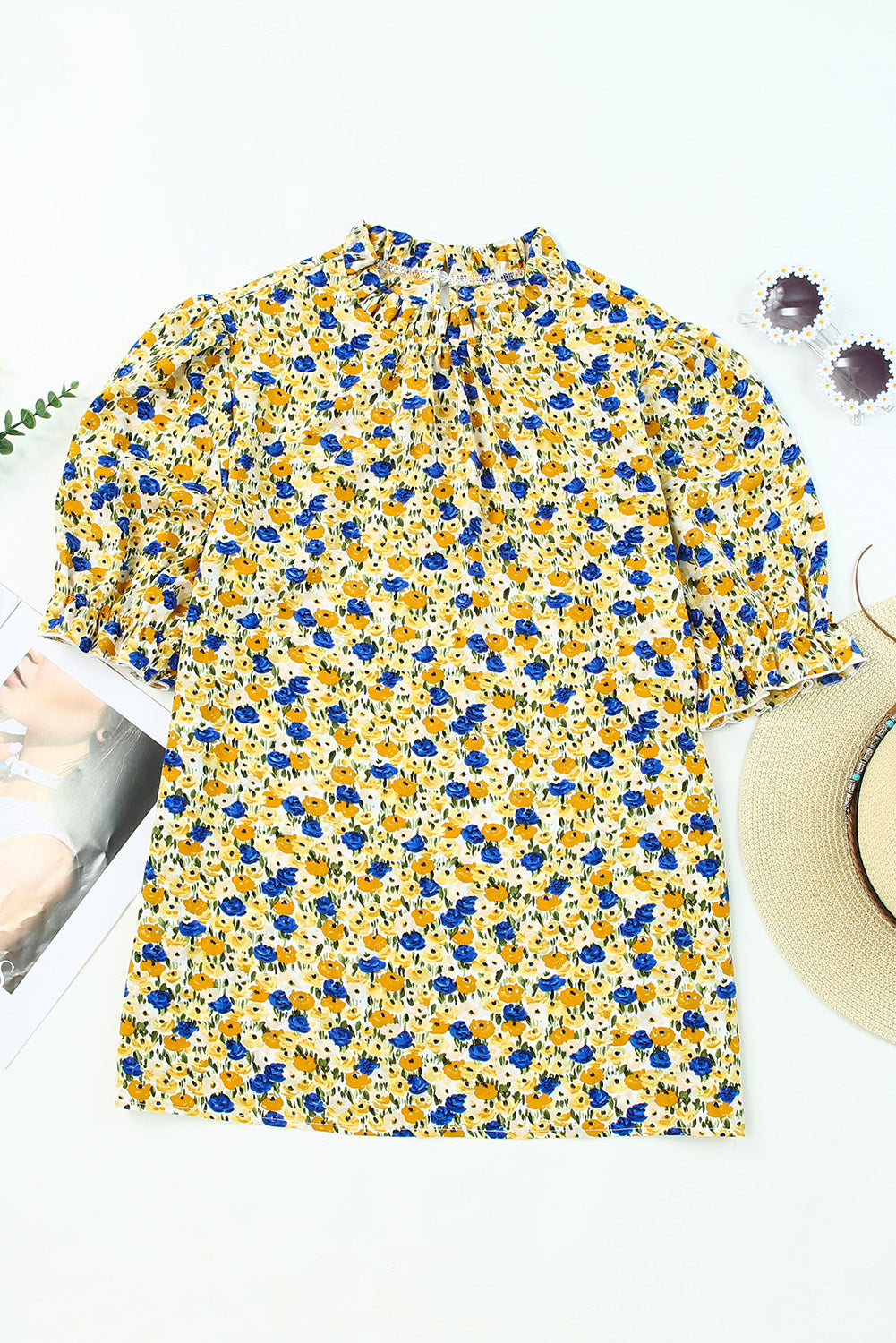 Yellow Floral Boho Frill Mock Neck Blouse