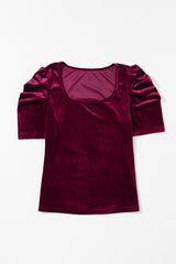 Burgundy Solid Color Elegant Short Puff Sleeve Velvet Top