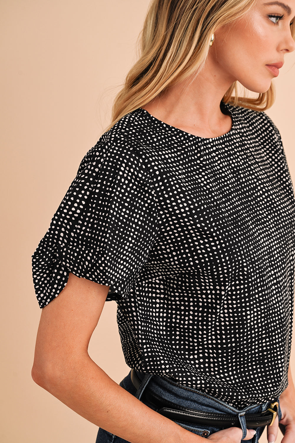 Black Dotted Puff Sleeve Round Neck Blouse