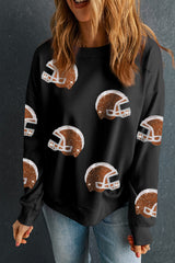 Black Sequin Baseball Helmet Graphic Round Neck Sweatshirt