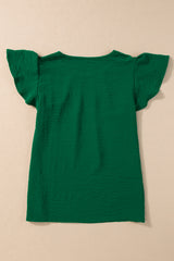 Dark Green Plain Textured Pleated Ruffle Sleeve Blouse