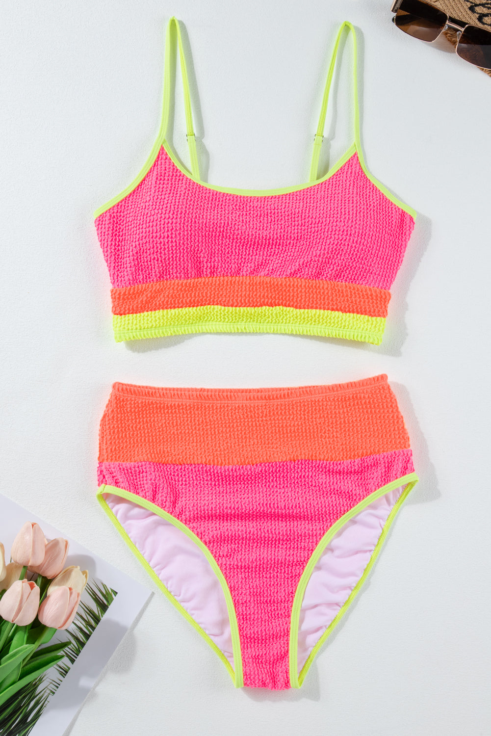 Bonbon Color Block Textured High Waist Sexy Bikini Set