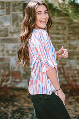 White Abstract Print Ruffle Half Sleeve Blouse