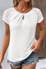 White Contrast Lace Sleeve Keyhole Neck Pleated T Shirt