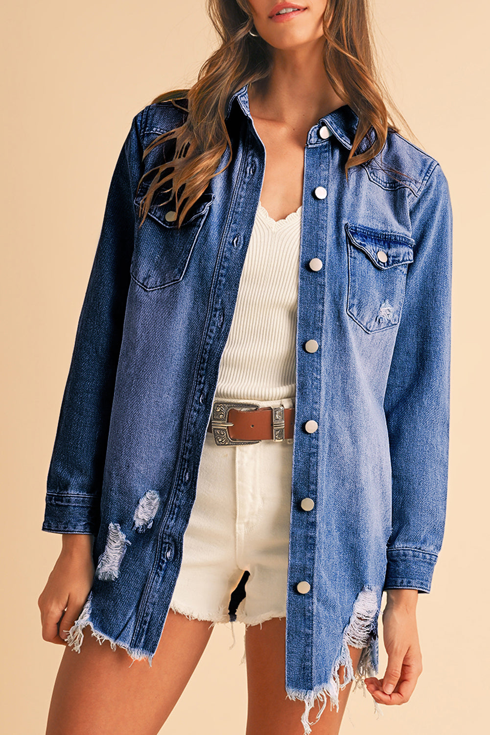 Sky Blue Light Wash Distressed Frayed Long Denim Jacket