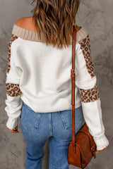 Cheetah Color Block Rib Trim Off Shoulder Pullover Sweater