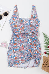 Multicolor Floral Print Drawstring Ruched One Piece Swim Dress