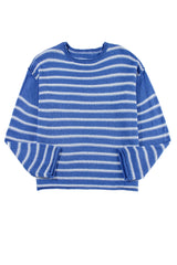 Sky Blue Casual Stripe Round Neck Drop Shoulder Sweater