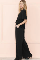 Black Solid Color T-Shirt and Wide Leg Pants Set