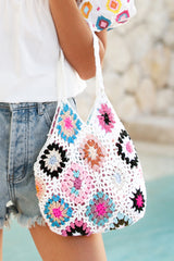 White Boho Floral Crochet Retro Hollowed Tote Bag