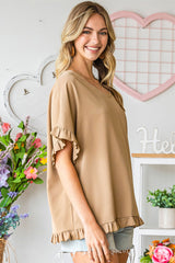 Khaki Ruffle Trim V Neck Short Sleeve Blouse