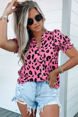 Pink Leopard Print V Neck Smocked Puff Sleeve Blouse