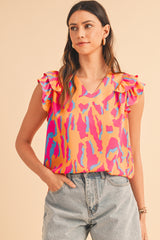 Orange Abstract Print V Neck Ruffled Sleeve Blouse