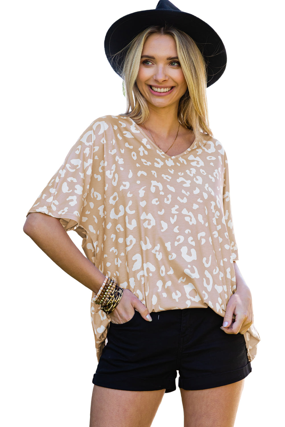 Apricot Leopard Print V Neck Loose T Shirt