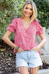 Pink Abstract Print Casual V Neck Ruffle Sleeve Blouse