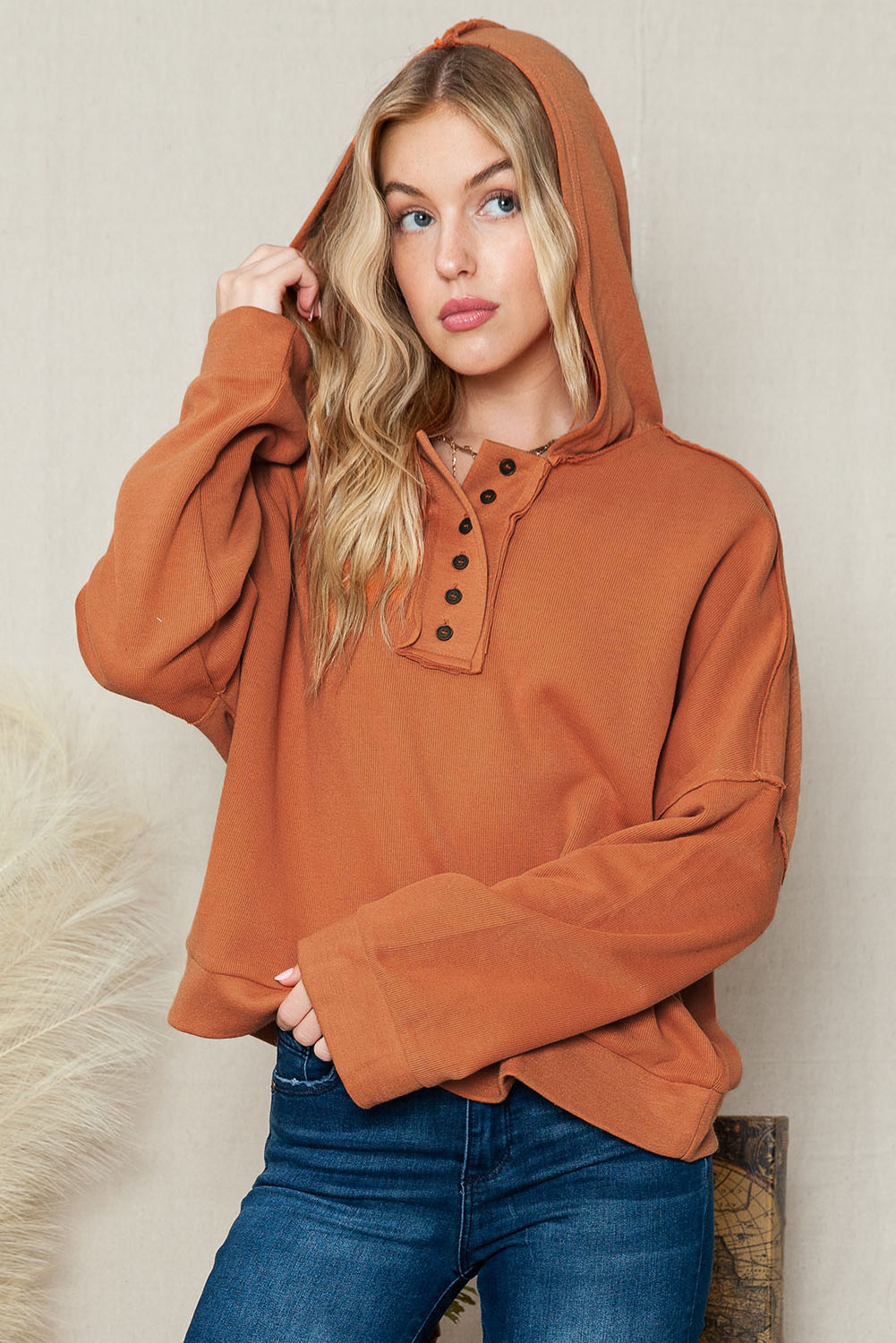 Orange Basic & Casual Button Front Pullover Hoodie