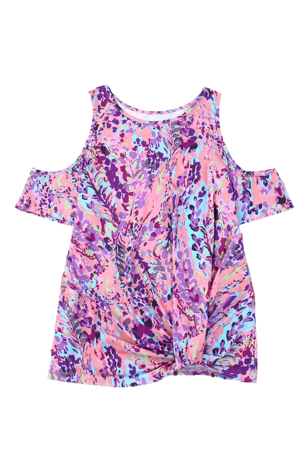 Multicolor Lavender Abstract Print Cold Shoulder Short Sleeve Blouse