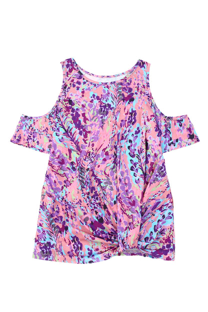 Multicolor Lavender Abstract Print Cold Shoulder Short Sleeve Blouse