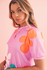 Pink Colorful Flower Print Bubble Sleeve Tee