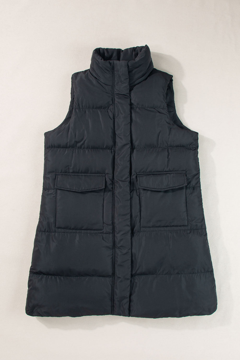 Black Solid Color Puffer Zip Up Pocketed Vest Coat