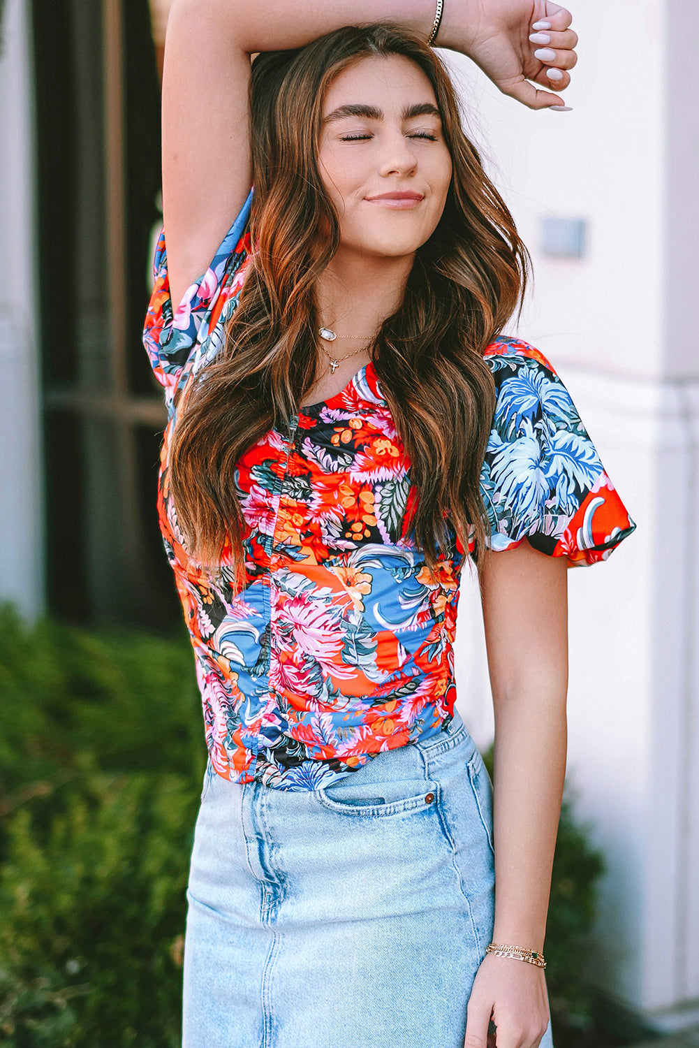 Orange Floral Print Ruched Puff Sleeve V Neck Blouse