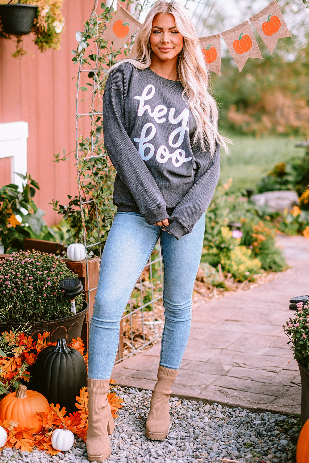 Gray Hey Boo Graphic Corded Halloween Sweatshirt