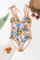 Orange Fruit Plant Print Tie Straps V Neck One Piece Swimsuit