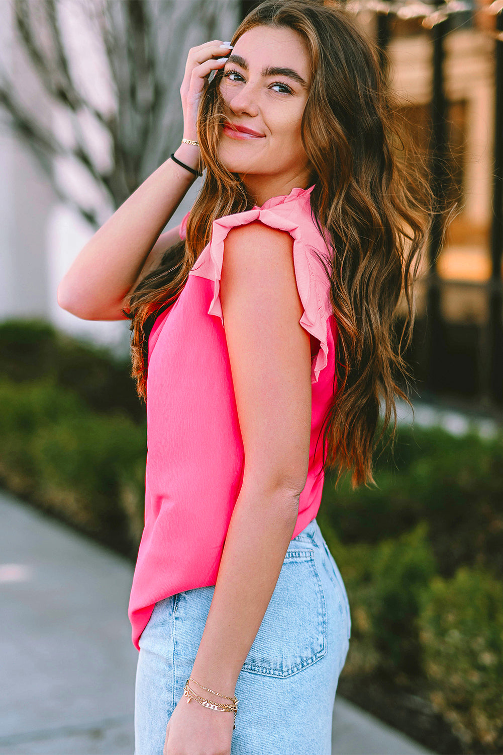 Rose Red Two Tone Pleated Ruffle Trim Blouse