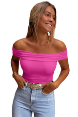 Bright Pink Solid Color Folded Off Shoulder Slim Blouse