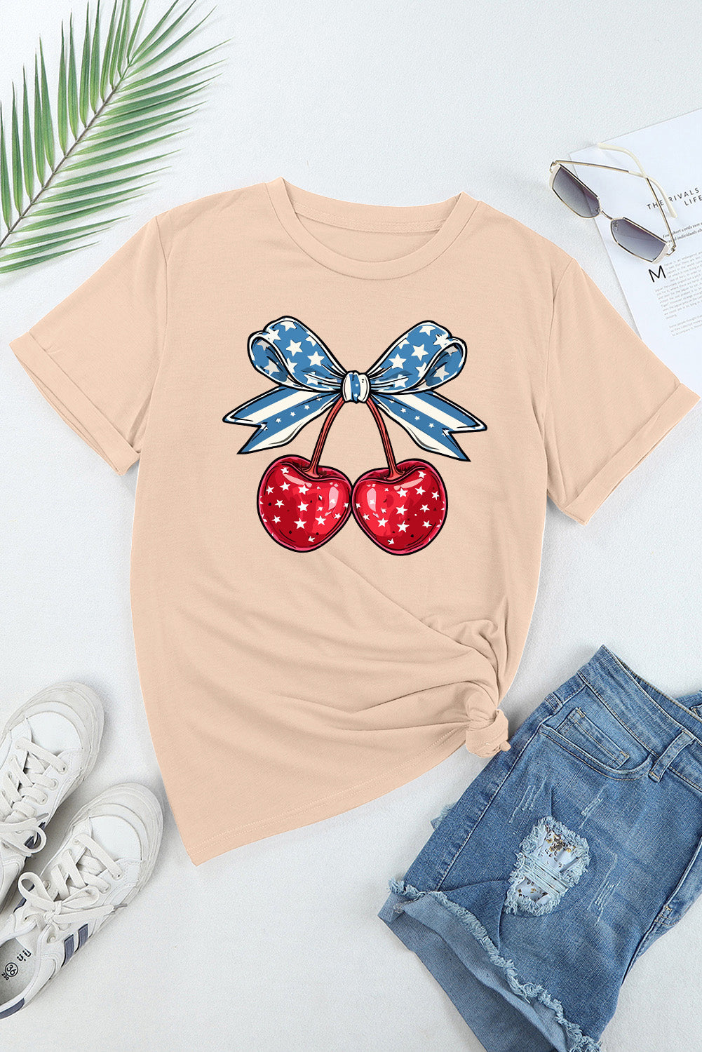 Khaki American Flag Bowknot Cherry Graphic Crew Neck T Shirt