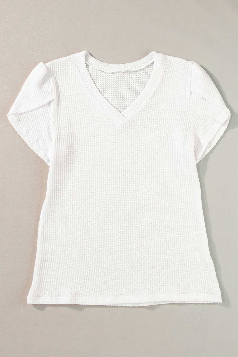 White Tulip Sleeve Waffle Knit V Neck T-Shirt